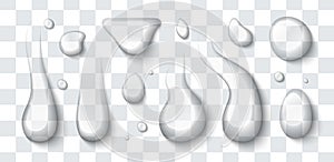 Vector water drops set isolated on a transparent background. Realistic illustration. Pure clear liquid. Different shapes