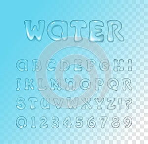 Vector water / gel font on blue transparent background. Typeface. Glossy letters