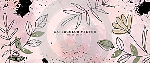 Vector watercolor beige illustration with green flowers, twigs and leaves, black splashes for decor, covers, backgrounds, cards