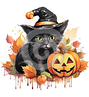 vector watercolor black cat with hat and pumpkin. black halloween cat illustration on white background