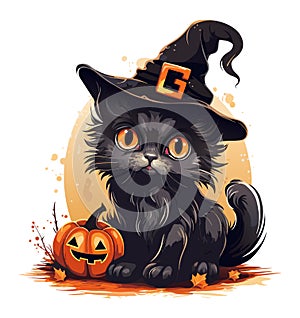 vector watercolor black cat with hat and pumpkin. black halloween cat illustration on white background