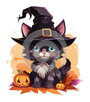 vector watercolor black cat with hat and pumpkin. black halloween cat illustration on white background