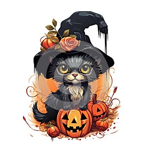 vector watercolor black cat with hat and pumpkin. black halloween cat illustration on white background