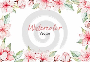 Vector Watercolor botanical frame. Pink cherry blossom. Collection with gentle flowers, bud, branches and green leaves. Perfect