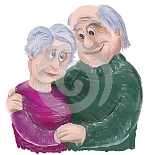 Vector watercolor brush drawing of couple elderly spouses hugging tenderly
