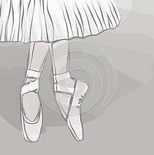 Vector watercolor brush drawing of feet of dancing ballerina in pointe shoes