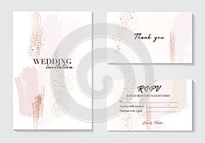 Vector watercolor brush strokes creative template. Moedrn wedding cards with marble texture and gold. Abstract design