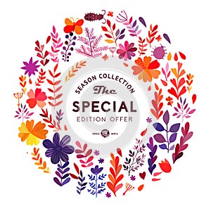 Vector watercolor circular floral wreath with autumn flowers and central white copy space for your text. Vector