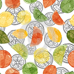 Vector watercolor citrus fruit seamless pattern background with sliced oranges, limes and lemons on black line art slices