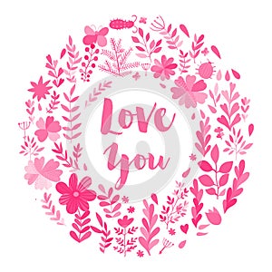 Vector watercolor colorful circular floral wreath with pink flowers and central white copy space for your text. Vector