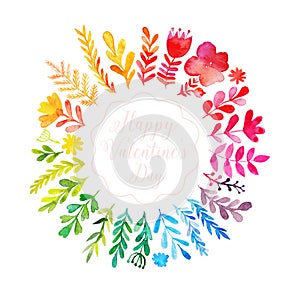 Vector watercolor colorful circular floral wreath with summer flowers and central white copy space for your text. Vector