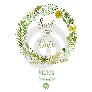 Vector watercolor colorful circular floral wreaths with summer flowers and central white copyspace for your text. Vector handdrawn