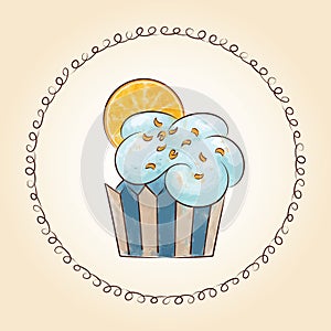 Vector watercolor cupcake with orange slice. Vector illustration