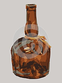 Vector watercolor drawing of abstract open alcohol bottle with yellow ribbon