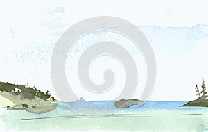 Vector watercolor drawing of landscape by lakeside in foggy morning