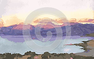 Vector watercolor drawing of landscape mountain lakeside in sunset