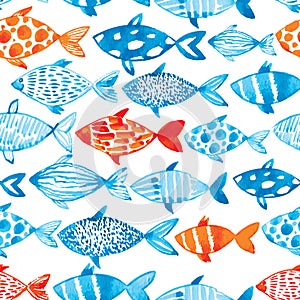 Vector watercolor fish on light background. Watercolor pattern s