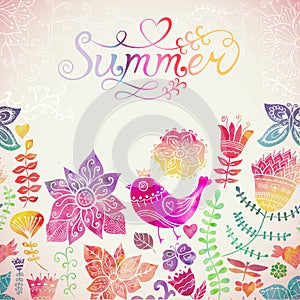 Vector watercolor floral greeting card with Summer lettering.