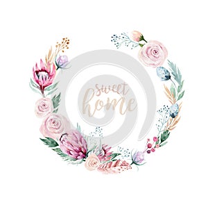 Vector watercolor flowers wreath frame. Psring decoration with protea ans cotton. Wedding decoration circle