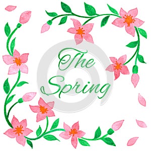 Vector watercolor frame with pink flowers. Inscription The Spring.
