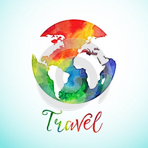 Vector watercolor globe sphere, map design. Travel background calligraphy badge