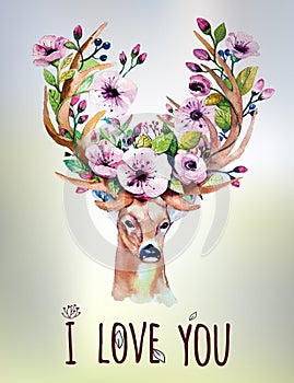 Vector watercolor hand drawn floral set with deer