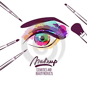 Vector watercolor hand drawn illustration of colorful womens eye and makeup brushes.