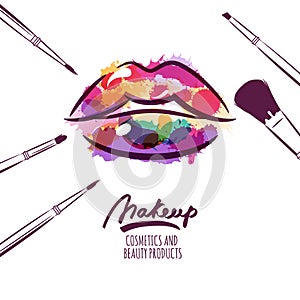 Vector watercolor hand drawn illustration of colorful womens lips and makeup brushes.