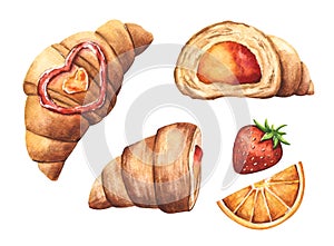 Vector watercolor hand drawn set of croissants with strawberry and orange jam