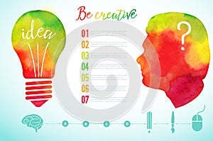 Vector watercolor human head icon. Watercolor creative concept. Creative person. Lettering. quote. Creative artist, Light bulb, cr