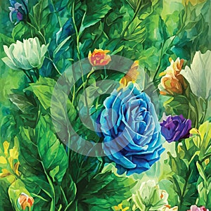 Vector watercolor illustration of blue flower and green leaves background wallpaper pattern