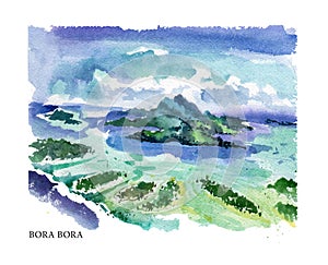 Vector watercolor illustration of Bora Bora sightseeings and seacoast