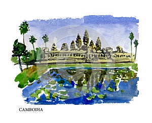 Vector watercolor illustration of Cambodia sightseeings