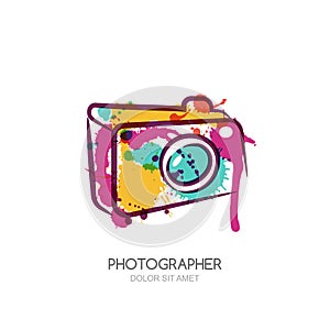 Vector watercolor illustration of colorful digital photo camera. Abstract logo design template.