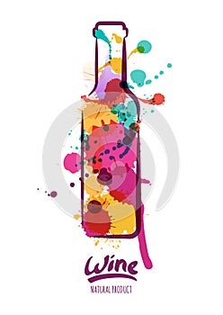 Vector watercolor illustration of colorful wine bottle and hand drawn lettering.