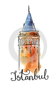 Vector watercolor illustration with Galata Tower in Istanbul