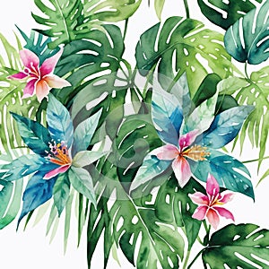 Vector watercolor illustration of pink tropical flowers and green leaves background wallpaper pattern