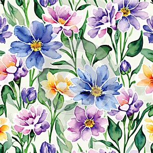 Vector watercolor illustration of purple blue flowers and green leaves background wallpaper pattern