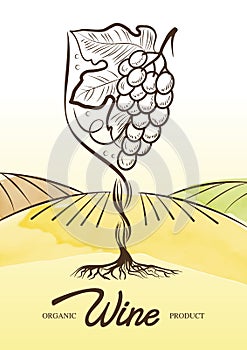 Vector watercolor illustration of vine grape and rural field in