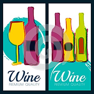 Vector watercolor illustration of wine bottle and glass. Concept