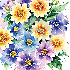 Vector watercolor illustration of yellow purple blue flowers and green leaves background wallpaper pattern