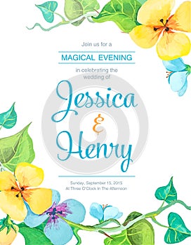 Vector watercolor invitation card with flowers and plants. Floral design.