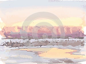 Vector watercolor landscape of frosty winter day on countryside lake