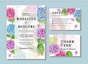Vector Watercolor Pink and Blue Hydrangea Arrangements Wedding Invitation Template Set