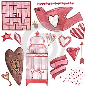 Vector Watercolor pink set of elements for Valentine`s day. Scrapbook design elements. Typography poster, card, label