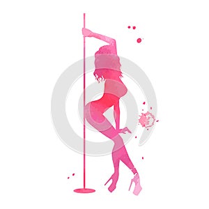 Vector watercolor pink silhouette women pole dance exotic