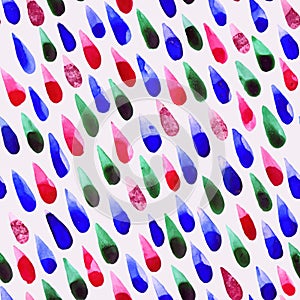 Vector watercolor rain drops, seamless background with stylized colored raindrops on a white backdrop.