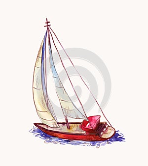 Vector watercolor red sailboat isolated on white. Seascape scene in sketch style