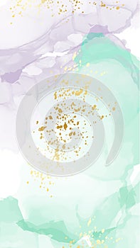 Vector watercolor repetition liquid flow in green colors with gold glitters. Vector contrast alcohol ink grunge abstract