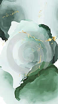 Vector watercolor repetition liquid flow in green colors with gold glitters. Vector contrast alcohol ink grunge abstract photo
